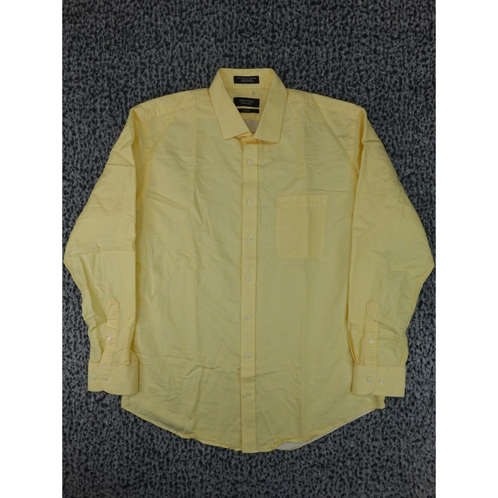Nordstrom Men's Shop Button Down Shirt Mens 17 34-35 Yellow Linen Blend Trim Fit